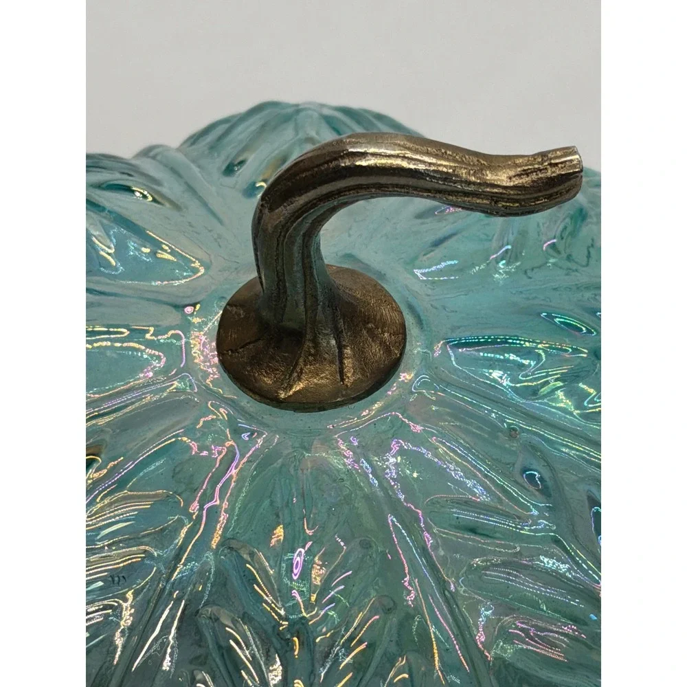Iridescent Blue Glass Light Up Pumpkin Leaf Pattern Bronze Stem 7.5 inch Decor